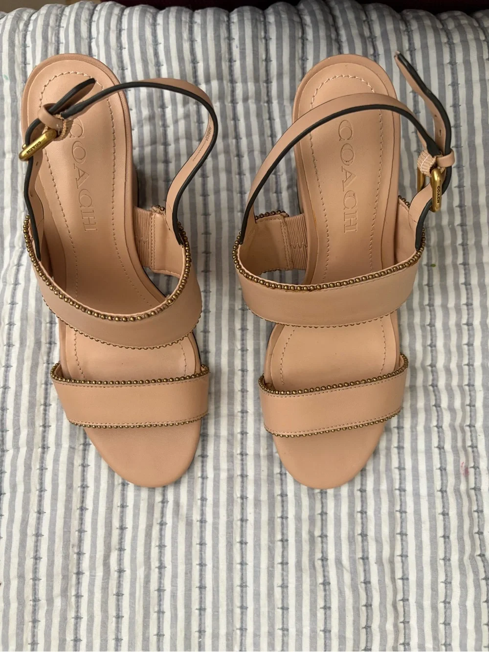 Coach Blush Tan Leather Beaded-Strap Sandals